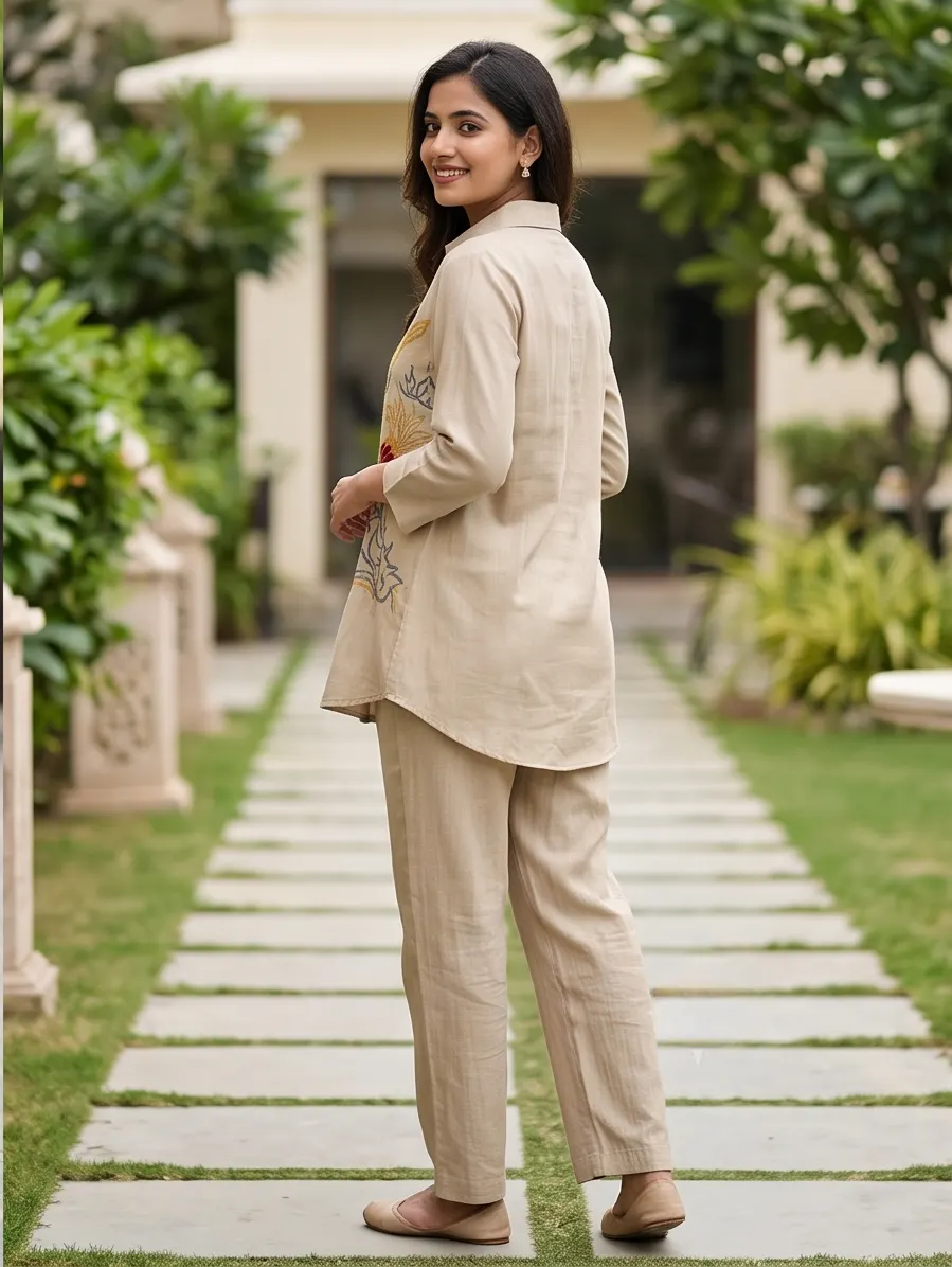 Beige Abstract Floral Embroidered Cotton Shirt Collar Tunic and Pant Co-ord Set