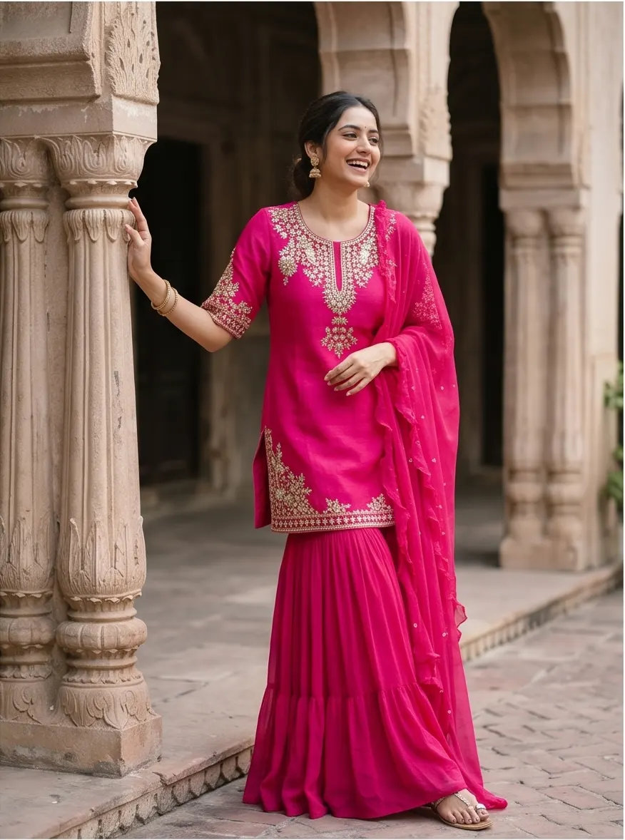 Rani Pink Zari Embroidered Silk Short Kurta and Flared Sharara Set with Dupatta