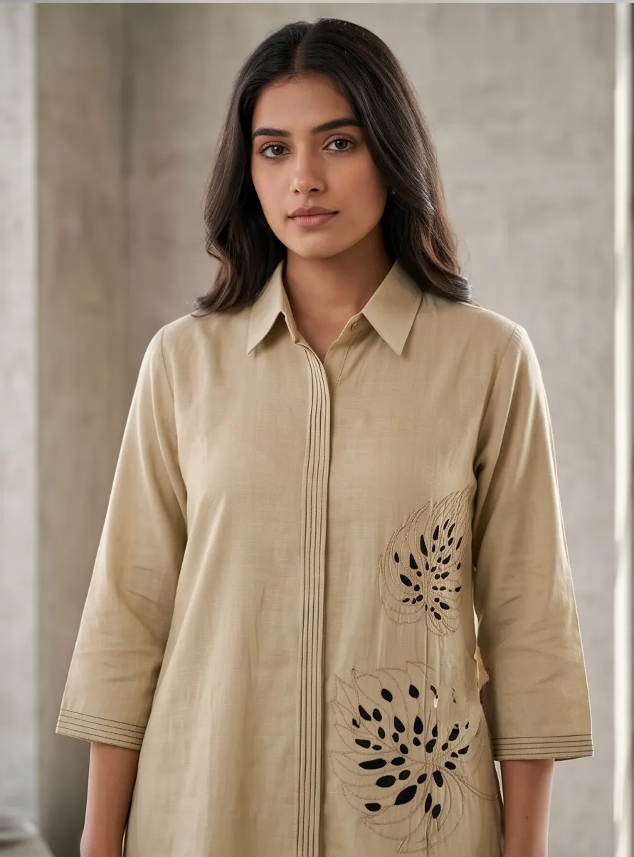 Light Brown Cutwork Embroidered Cotton Shirt Collar Tunic and Wide Leg Pant Co-ord Set