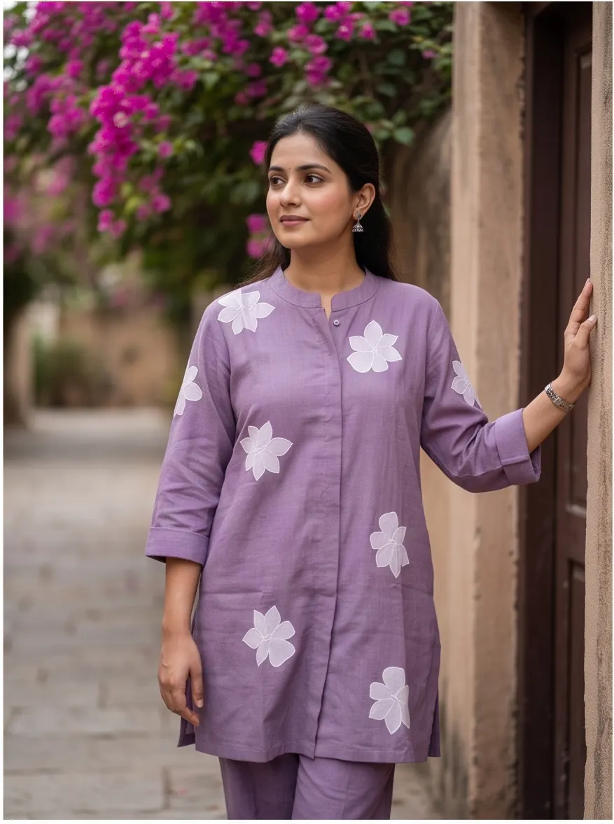 Dusty Lavender Floral Appliqué Cotton Mandarin Collar Tunic and Pant Co-ord Set