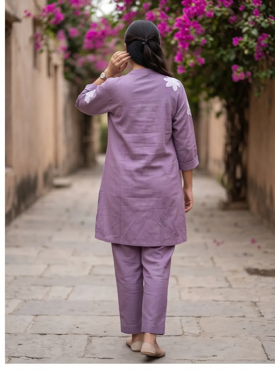 Dusty Lavender Floral Appliqué Cotton Mandarin Collar Tunic and Pant Co-ord Set