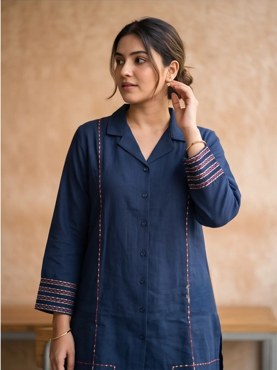 Navy Blue Floral Back Embroidered Cotton Notch Collar Tunic and Pant Co-ord Set