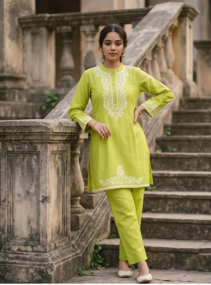 Lime Green Paisley Thread Embroidered Cotton Short Kurta and Pant Co-ord Set