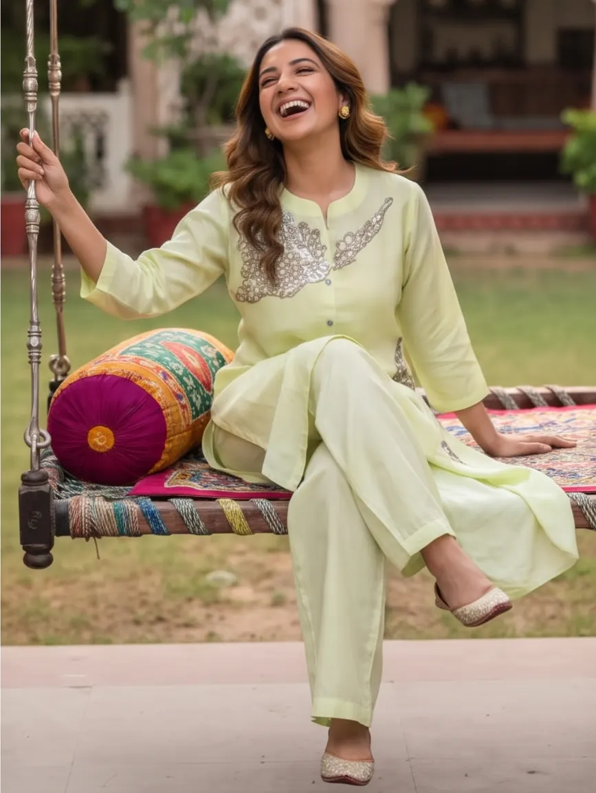 Pistachio Green Zari and Seaks Embroidered Cotton Shirt Collar Tunic and Pant Co-ord Set