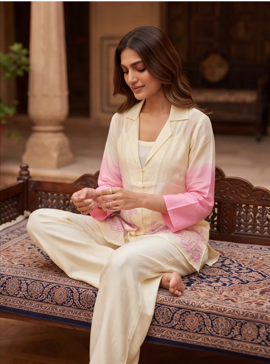 Off-White and Pink Ombre Floral Embroidered Cotton Lapel Collar Tunic and Pant Co-ord Set