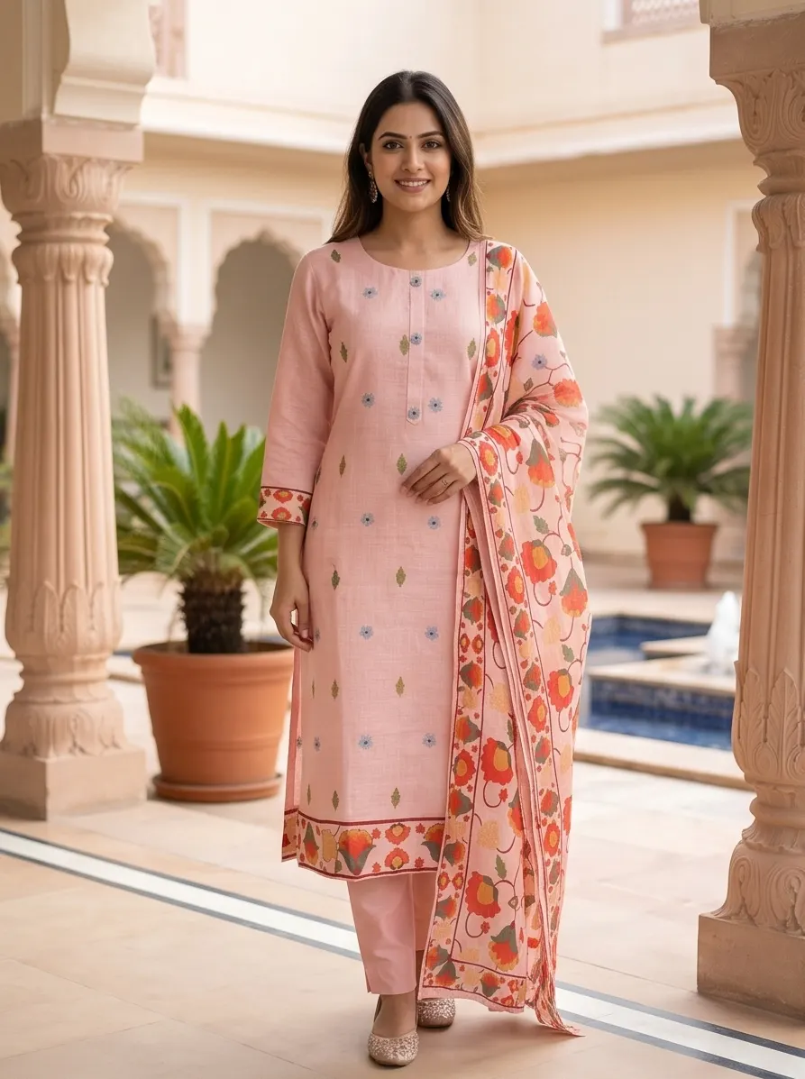 Peach Pink Floral Printed Cotton Straight Kurta Pant Set with Dupatta