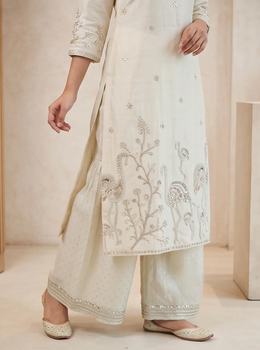 Off-White Bird and Floral Embroidered Silk Straight Kurta and Flared Sharara Set