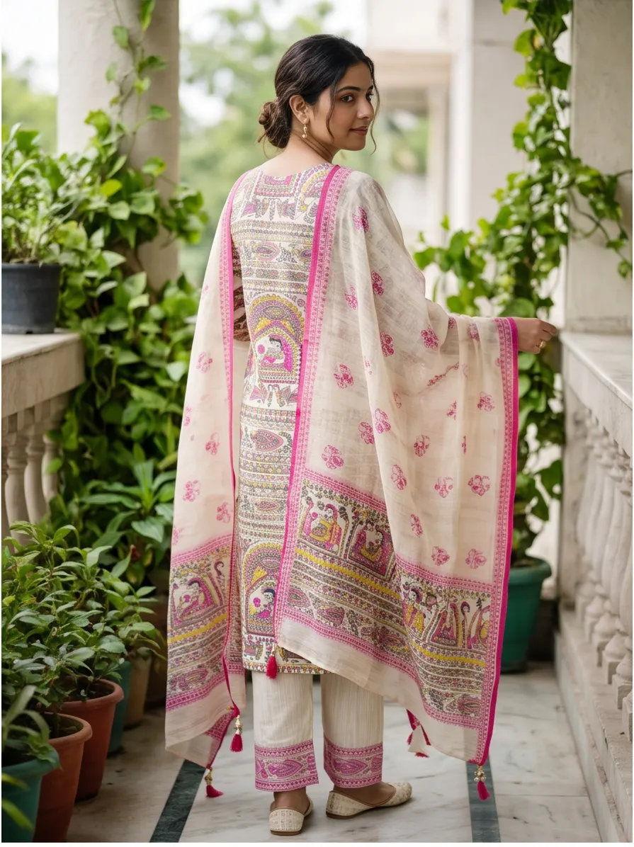 Beige and Pink Kalamkari Floral Print Chanderi Silk Straight Kurta Pant Set with Dupatta
