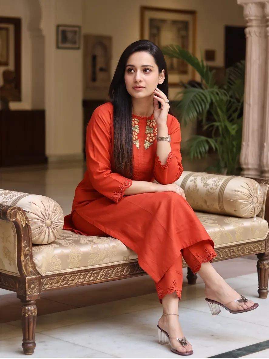 Rust Orange Floral Embroidered Straight Kurta and Pant Set with Cutwork Hem