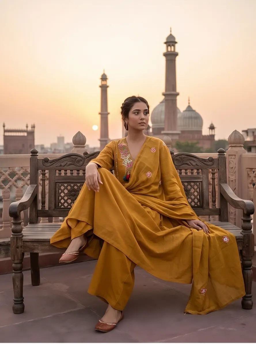 Mustard Yellow Gathered Anarkali Kurta and Palazzo Set with Embroidered Dupatta