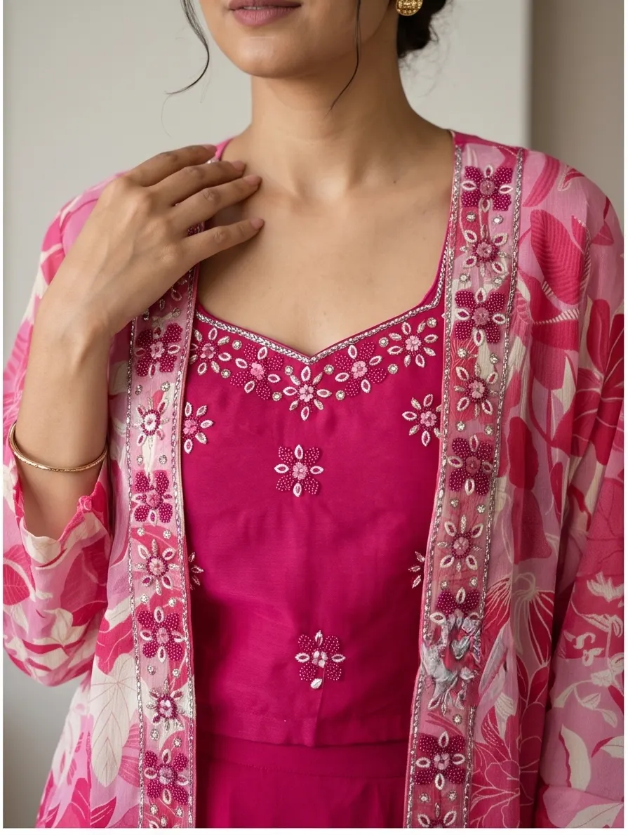 Rani Pink Floral Print Embroidered Georgette Jacket Crop Top and Sharara Set with Dupatta