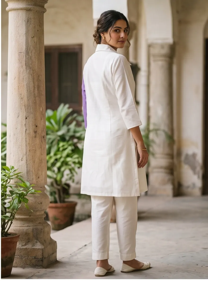 Off-White and Purple Floral Embroidered Colorblock Cotton Tunic and Pant Co-ord Set