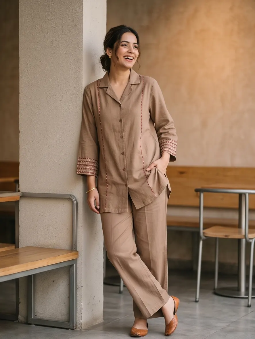 Beige Brown Floral Back Embroidered Cotton Notch Collar Tunic and Pant Co-ord Set
