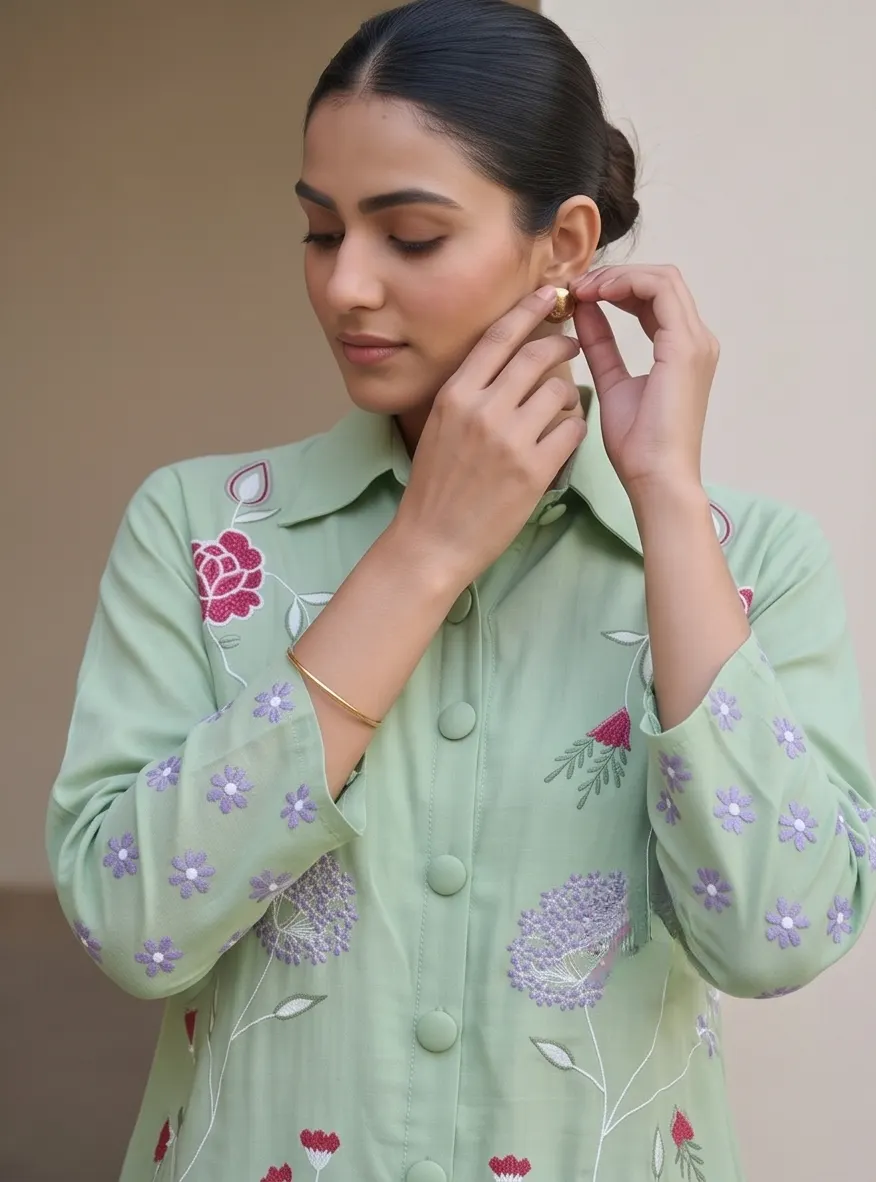 Sage Green Floral Embroidered Cotton Shirt Collar Tunic and Pant Co-ord Set