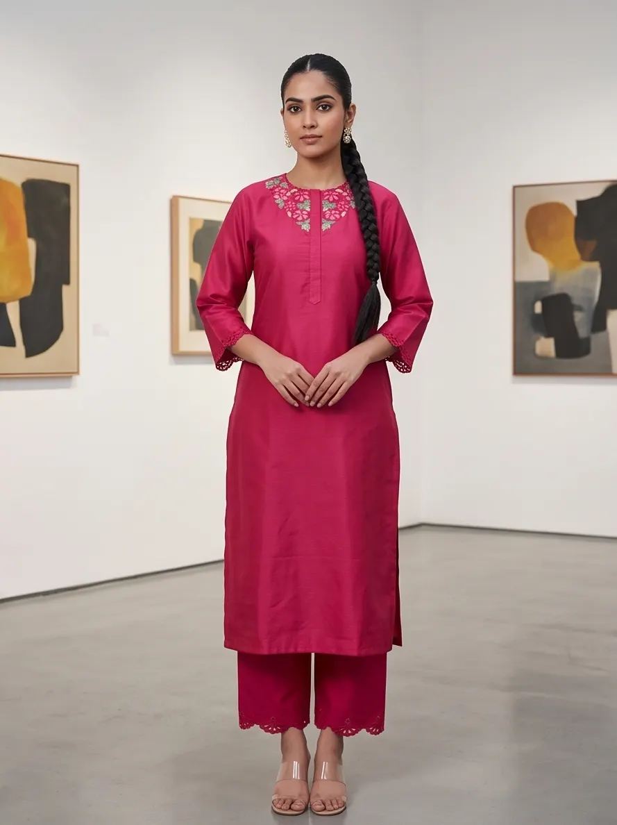 Magenta Pink Floral Neck Embroidered Silk Straight Kurta and Pant Set