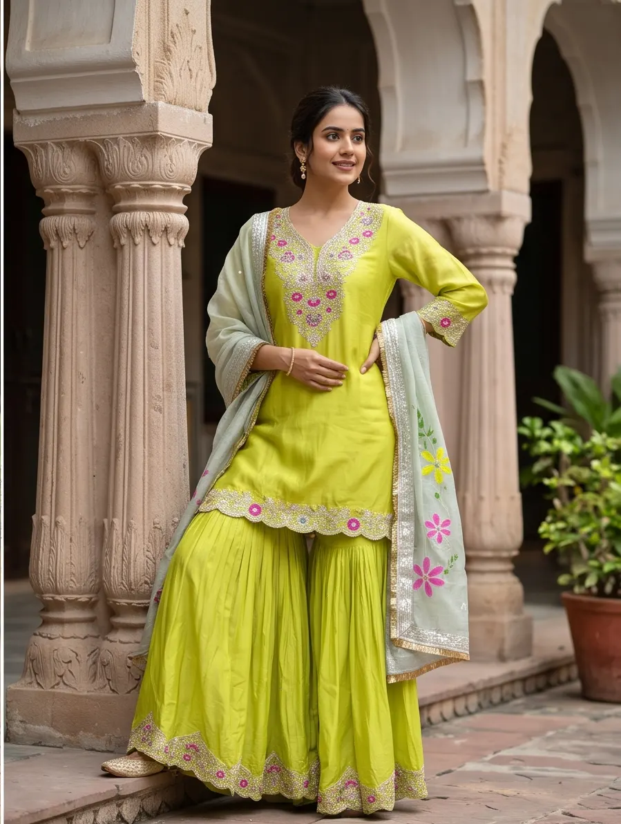 Lime Green Zari Embroidered Silk Short Kurta and Flared Sharara Set with Organza Dupatta