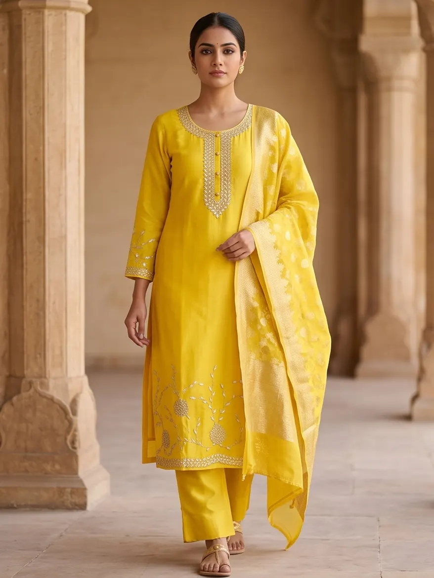 Bright Yellow Zari Embroidered Silk Straight Kurta Pant Set with Banarasi Dupatta