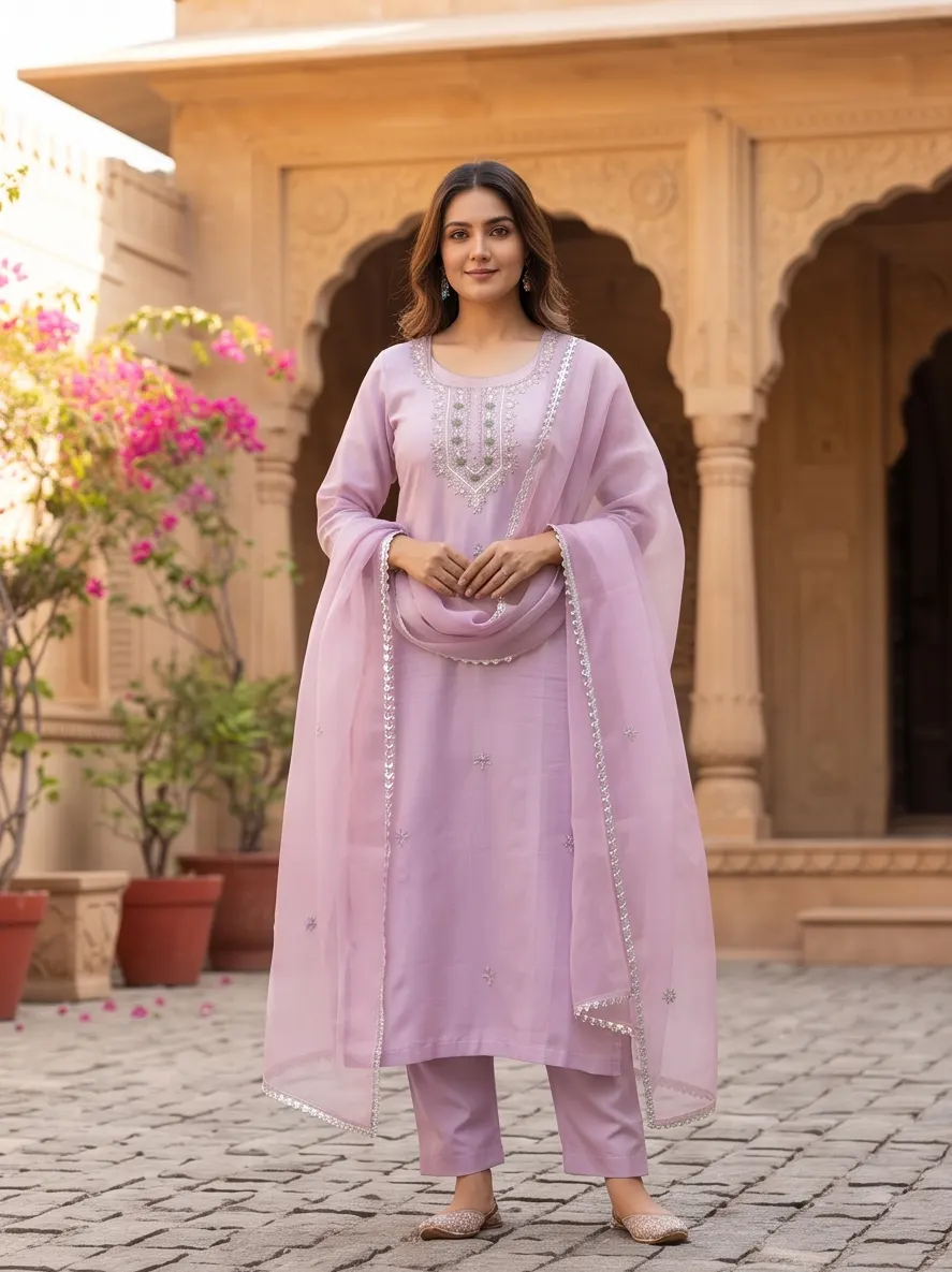 Lavender Yoke Zari Embroidered Chanderi Silk Straight Kurta Pant Set with Scalloped Organza Dupatta