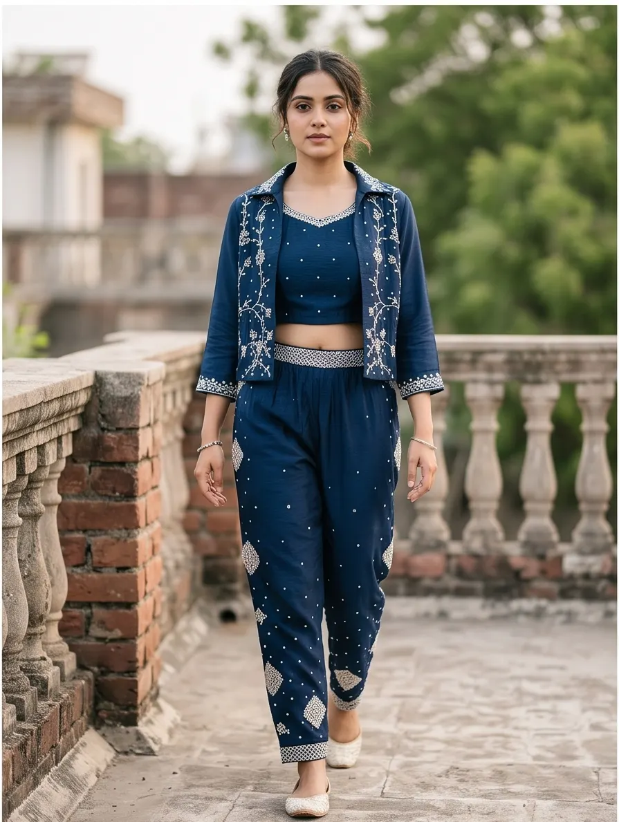 Navy Blue Zari Embroidered Silk Crop Top, Jacket, and Pant 3-Piece Co-ord Set
