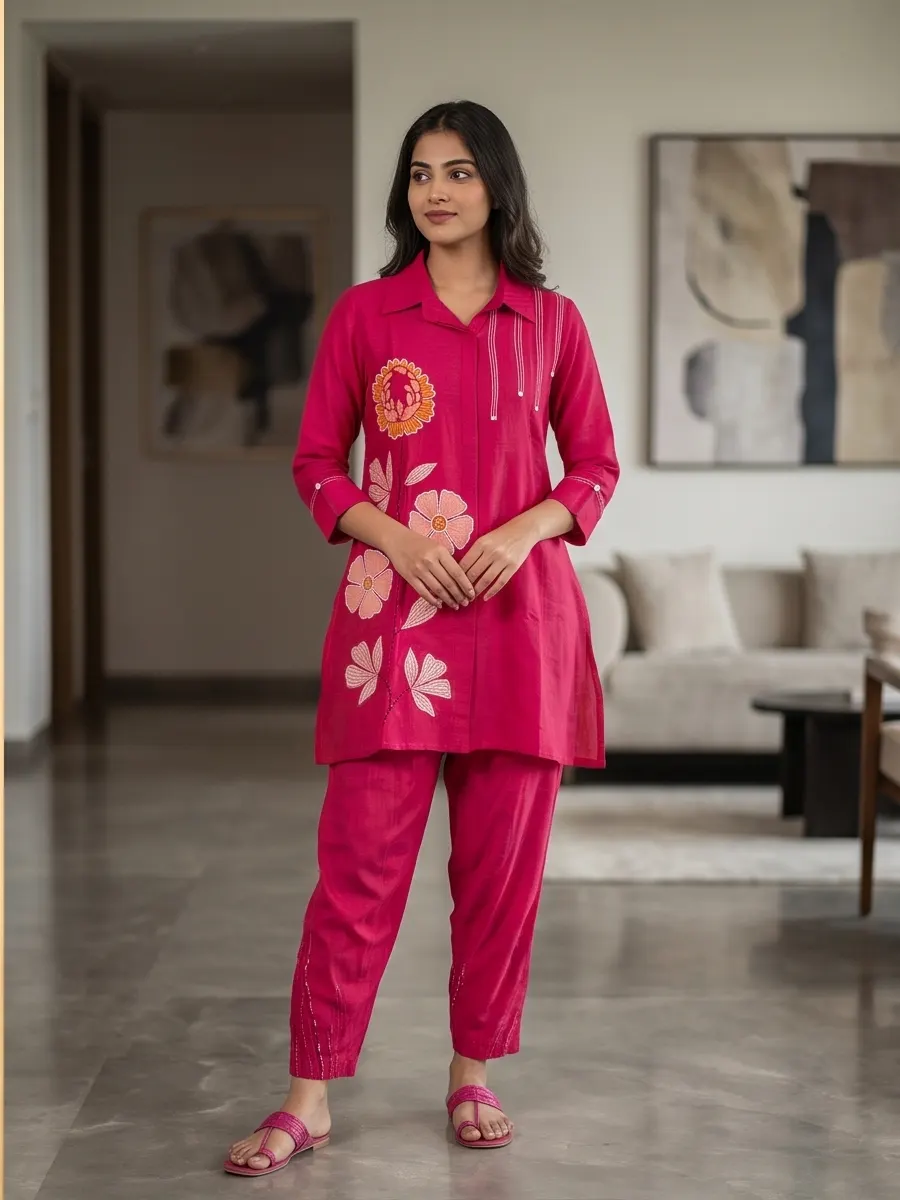 Rani Pink Floral Patch Embroidered Silk Blend Collar Tunic and Pant Co-ord Set
