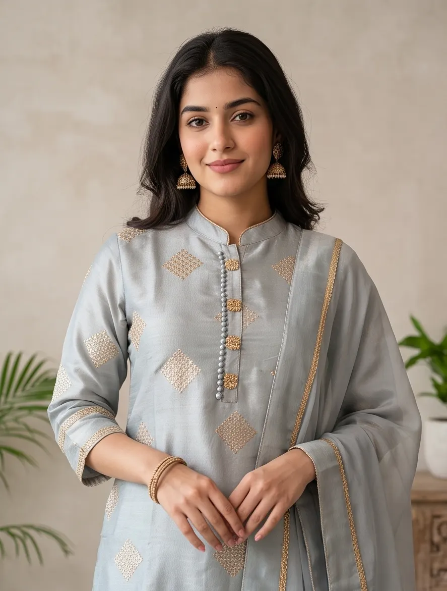 Ice Blue Zari Embroidered Chanderi Silk Straight Kurta Pant Set with Dupatta