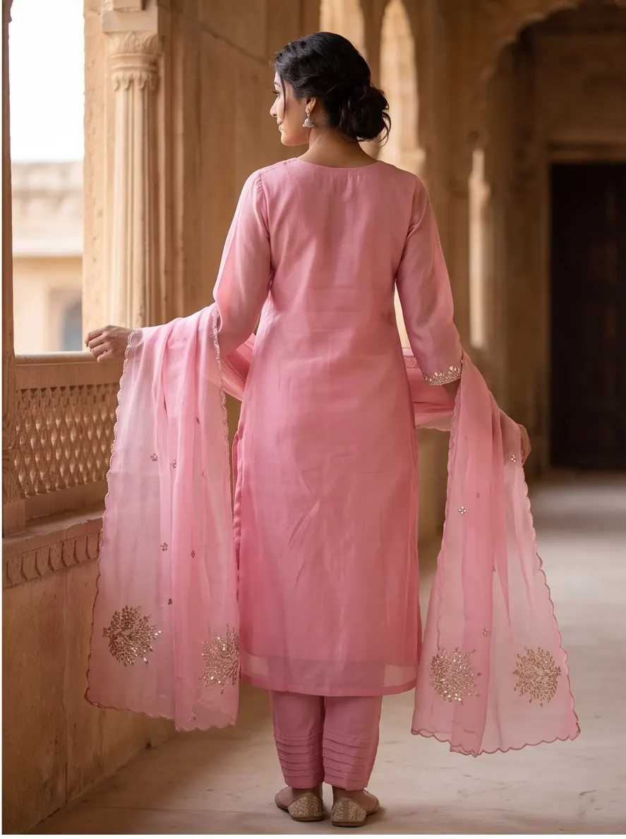 Blush Pink Tree Motif Zari Embroidered Chanderi Silk Straight Kurta Pant Set with Scalloped Organza Dupatta