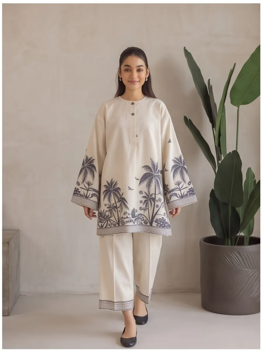 Cream Tropical Palm Tree Embroidered Cotton Straight Tunic and Pant Co-ord Set