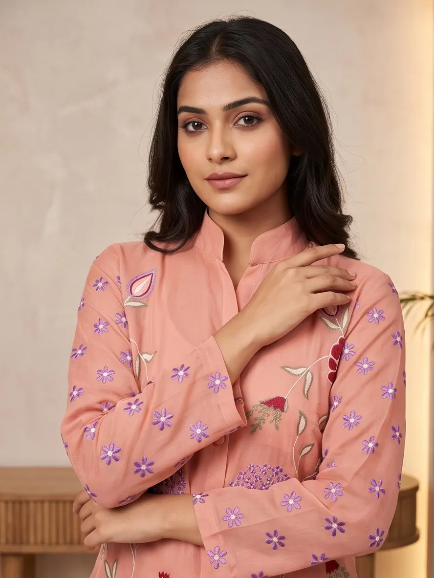 Peach Floral Thread Embroidered Silk Blend Shirt Collar Tunic and Pant Co-ord Set