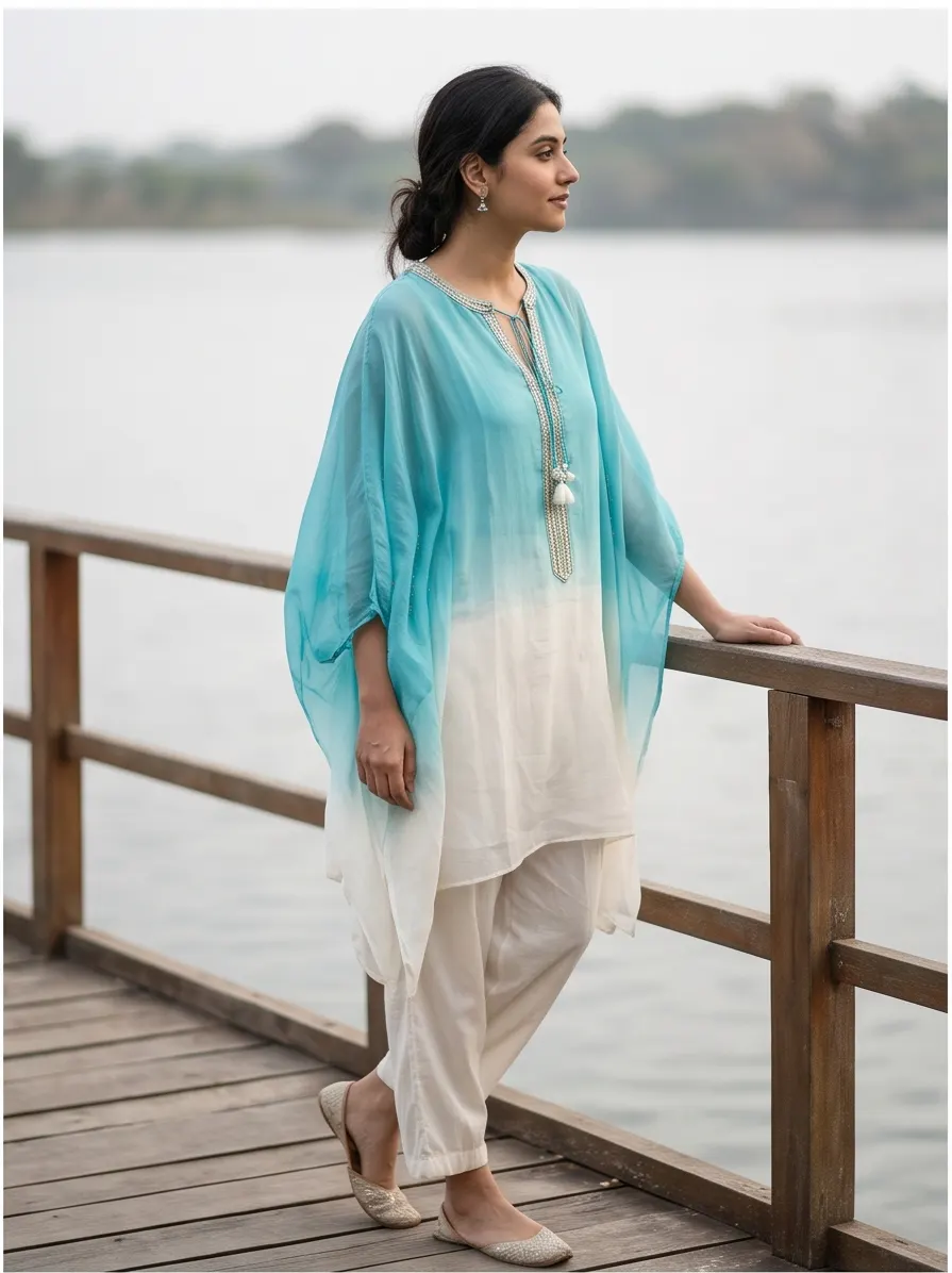 Sky Blue and White Ombre Gota Patti Embroidered Georgette Kaftan Tunic and Pant Co-ord Set