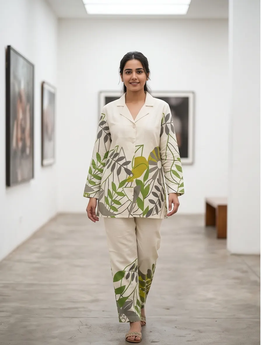 Off-White Olive Green Botanical Leaf Print Cotton Lapel Collar Tunic and Pant Co-ord Set