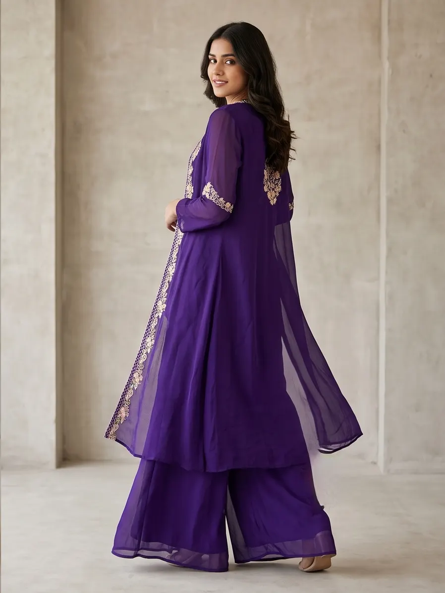 Purple Thread Embroidered Georgette Jacket Style Kurta Palazzo Set
