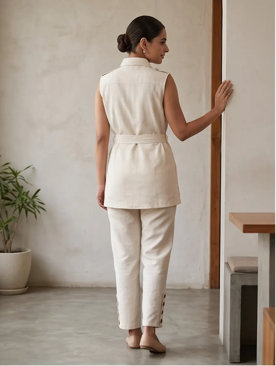 Off-White Sleeveless Belted Safari Shirt and Button-Cuff Pant Co-ord Set