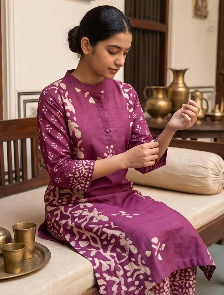 Plum Purple Batik Print Pure Cotton Straight Kurta Pant Set with Dupatta