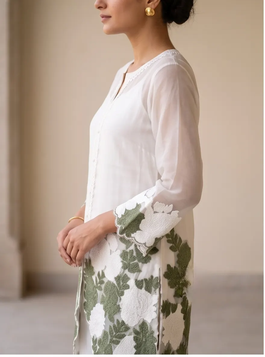 White Floral Appliqué Embroidered Sheer Tunic and Palazzo Co-ord Set with Inner Slip