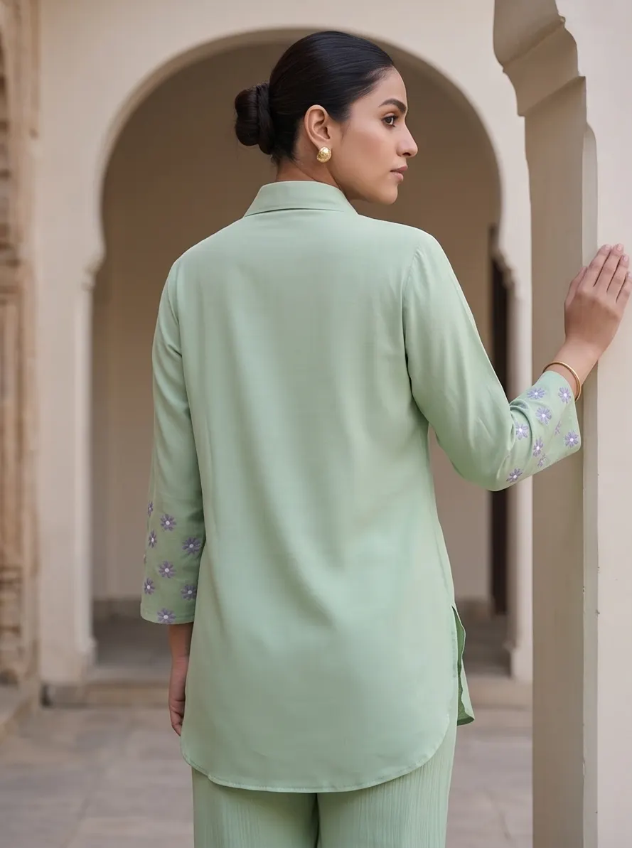 Sage Green Floral Embroidered Cotton Shirt Collar Tunic and Pant Co-ord Set