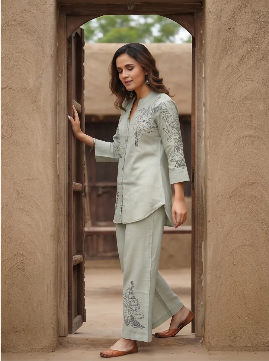 Teal Blue Floral Appliqué Zari Embroidered Chanderi Silk Straight Kurta Pant Set with Organza Dupatta