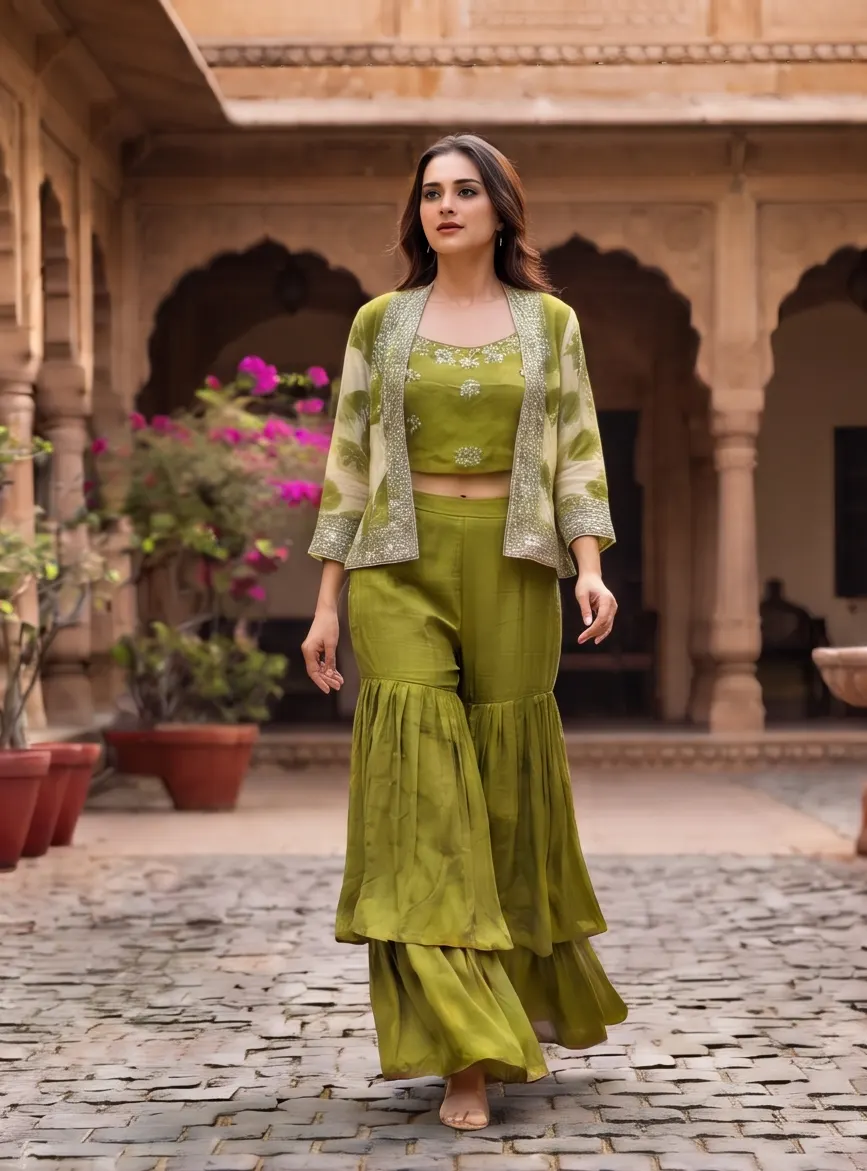 Olive Green Zari Embroidered Crop Top and Tiered Sharara Set with Sheer Jacket