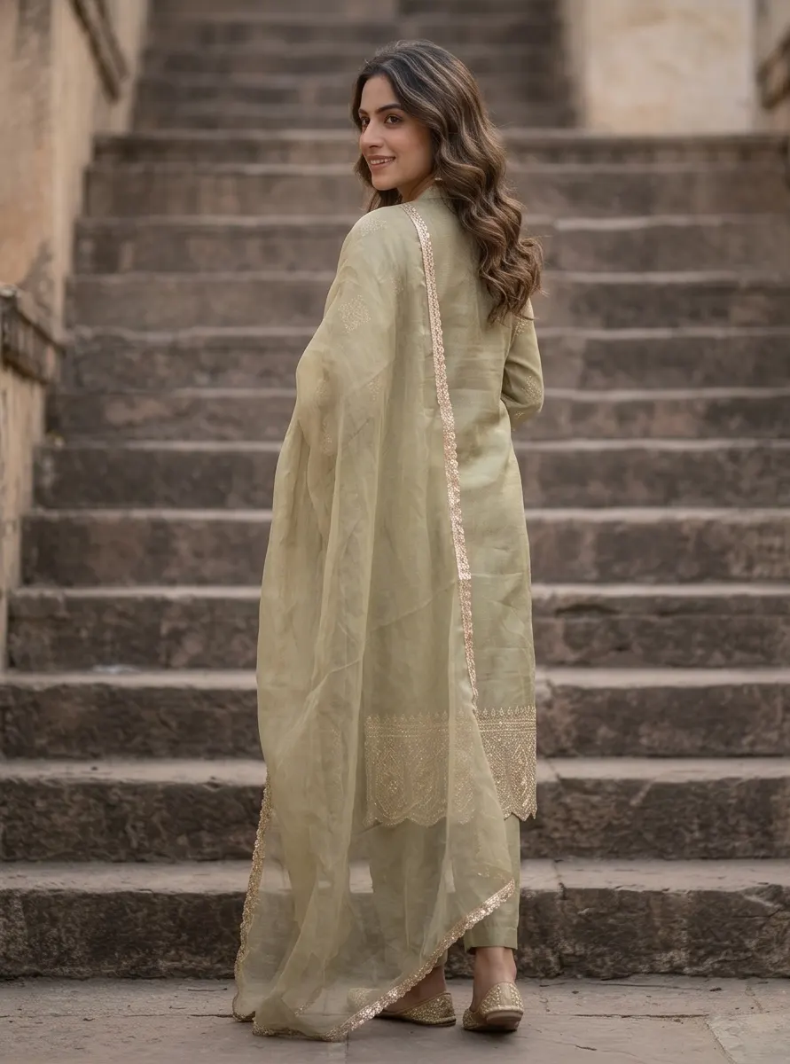 Sage Green Zari Embroidered Chanderi Silk Straight Kurta Pant Set with Dupatta