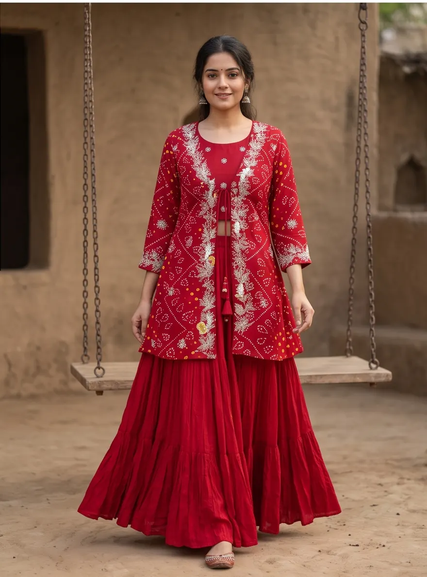 Red Bandhani Print Zari Embroidered Tie-Up Jacket Crop Top and Flared Sharara 3-Piece Set