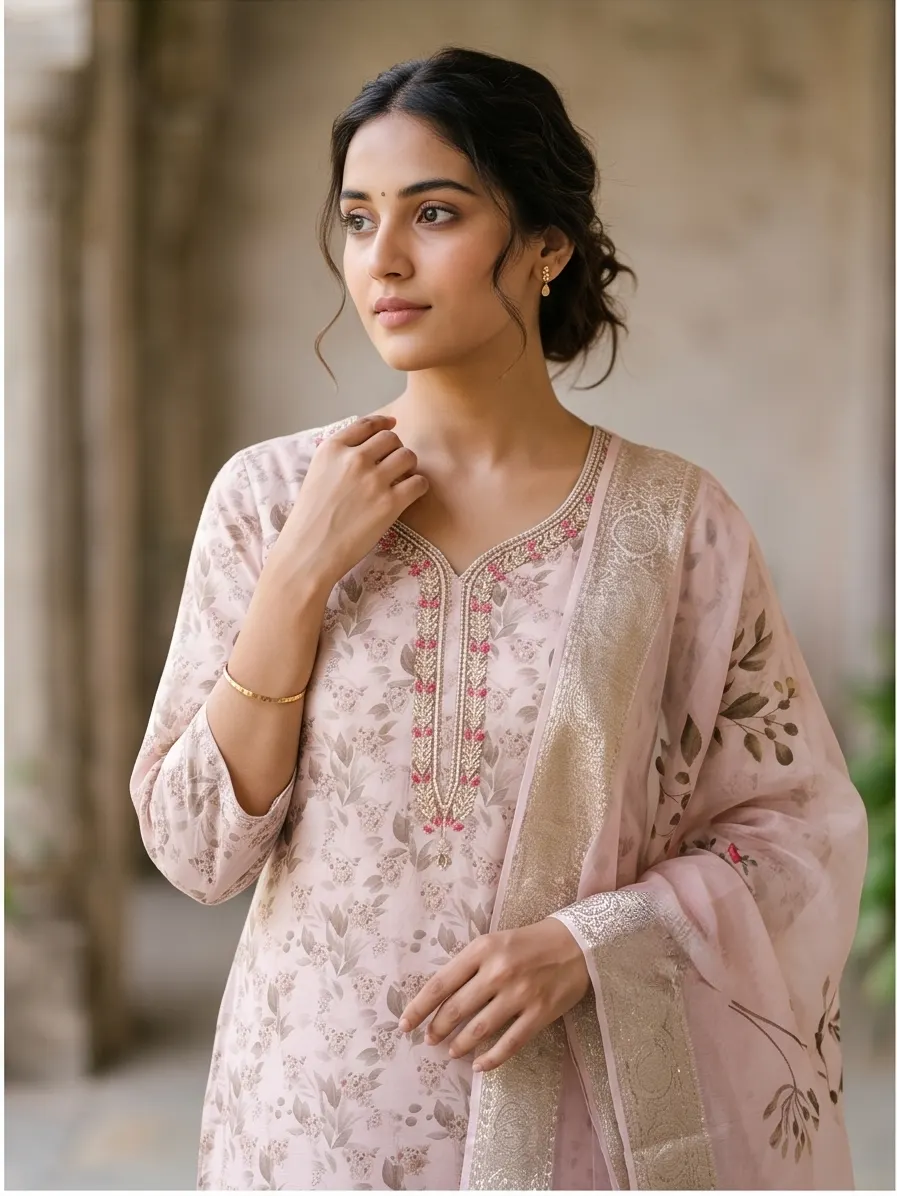 Blush Pink Floral Printed Zari Embroidered Chanderi Silk Straight Kurta Pant Set with Dupatta