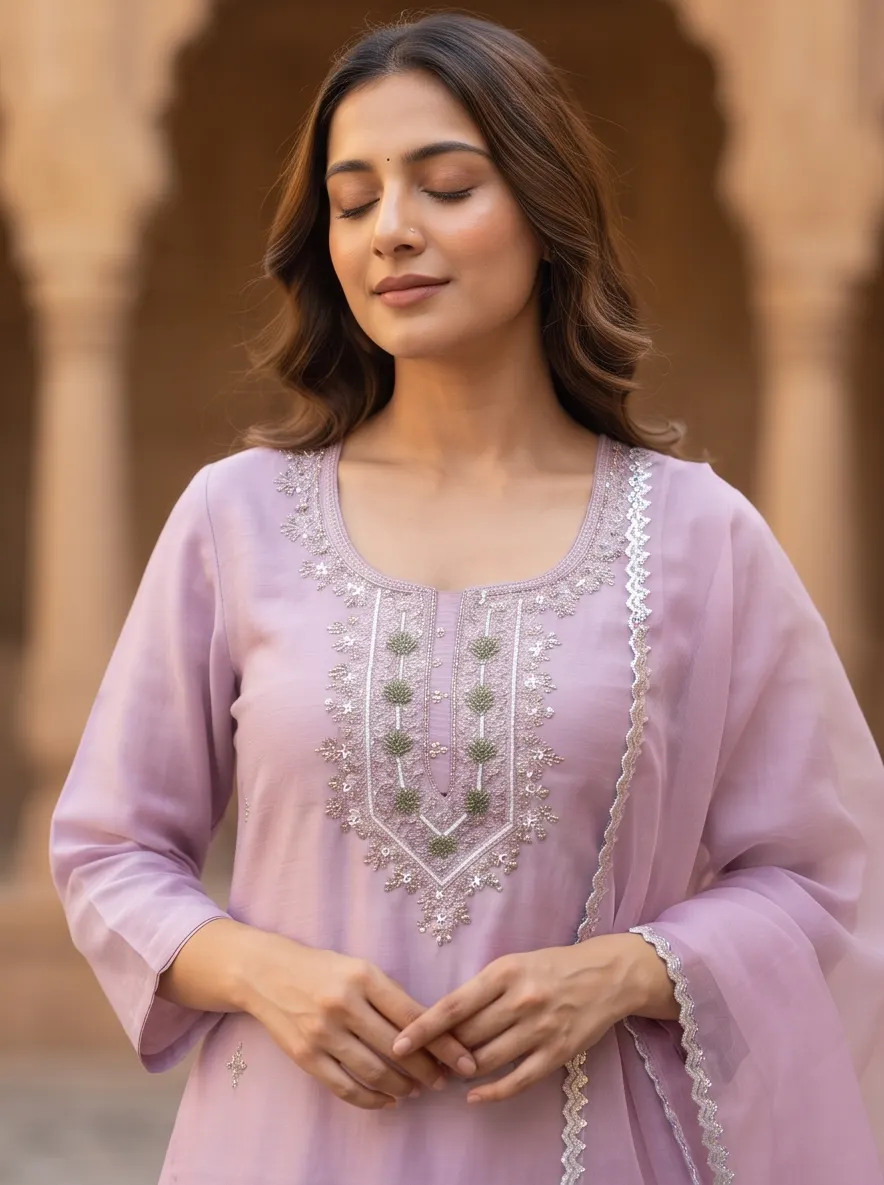 Lavender Yoke Zari Embroidered Chanderi Silk Straight Kurta Pant Set with Scalloped Organza Dupatta