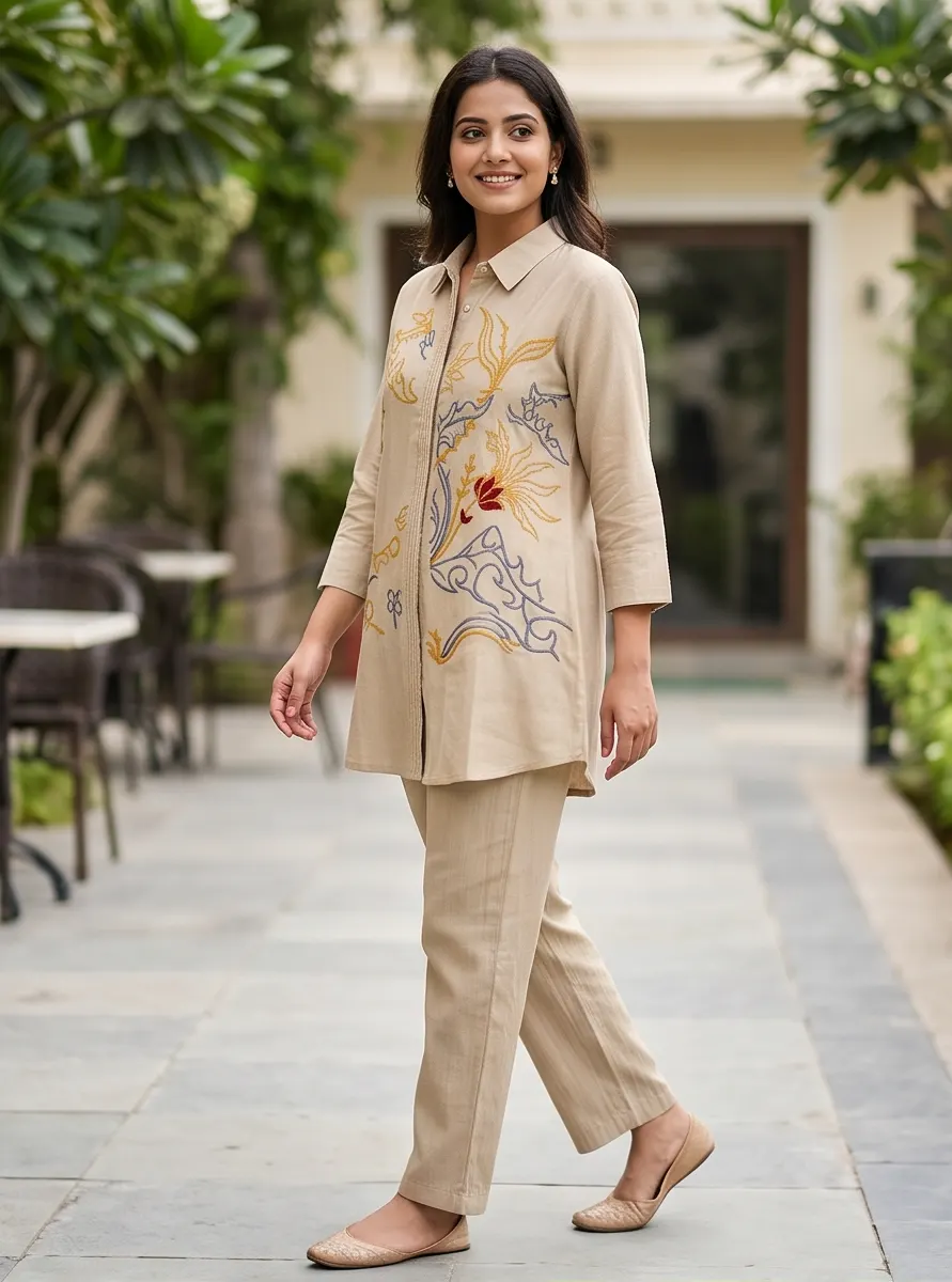 Beige Abstract Floral Embroidered Cotton Shirt Collar Tunic and Pant Co-ord Set