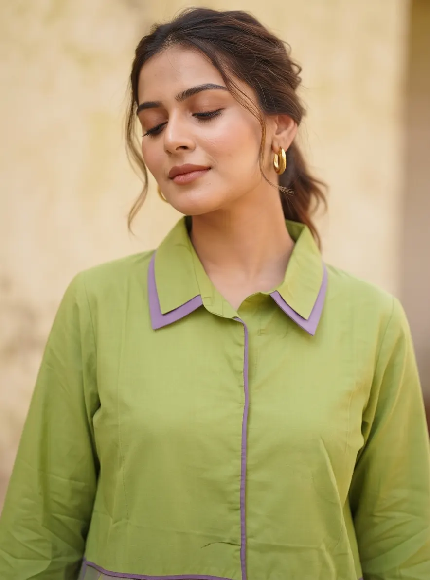 Olive Green and Lavender Floral Appliqué Cotton Shirt Collar Tunic and Pant Co-ord Set