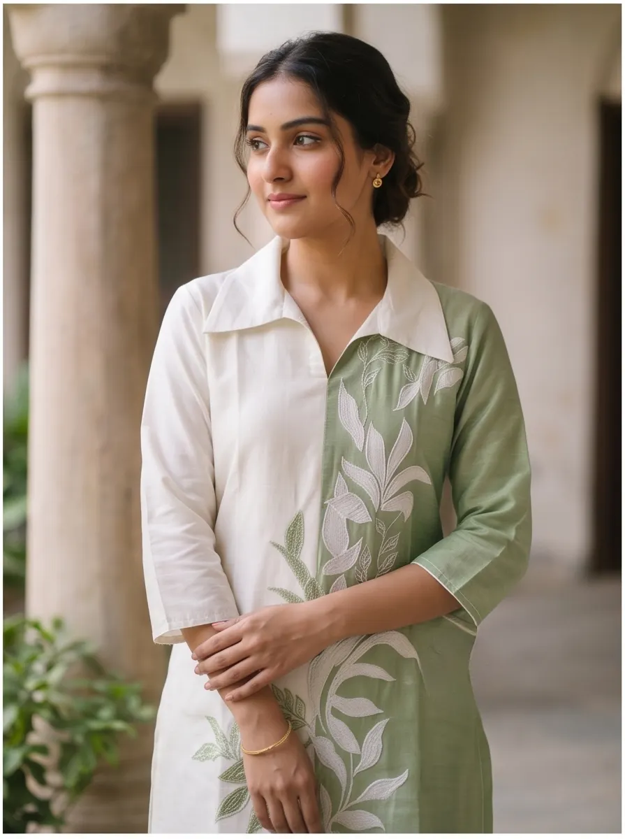 Sage Green & Off-White Colorblock Cotton Silk Kurta Set with Floral Embroidery & Straight Pants (2-Piece Set)
