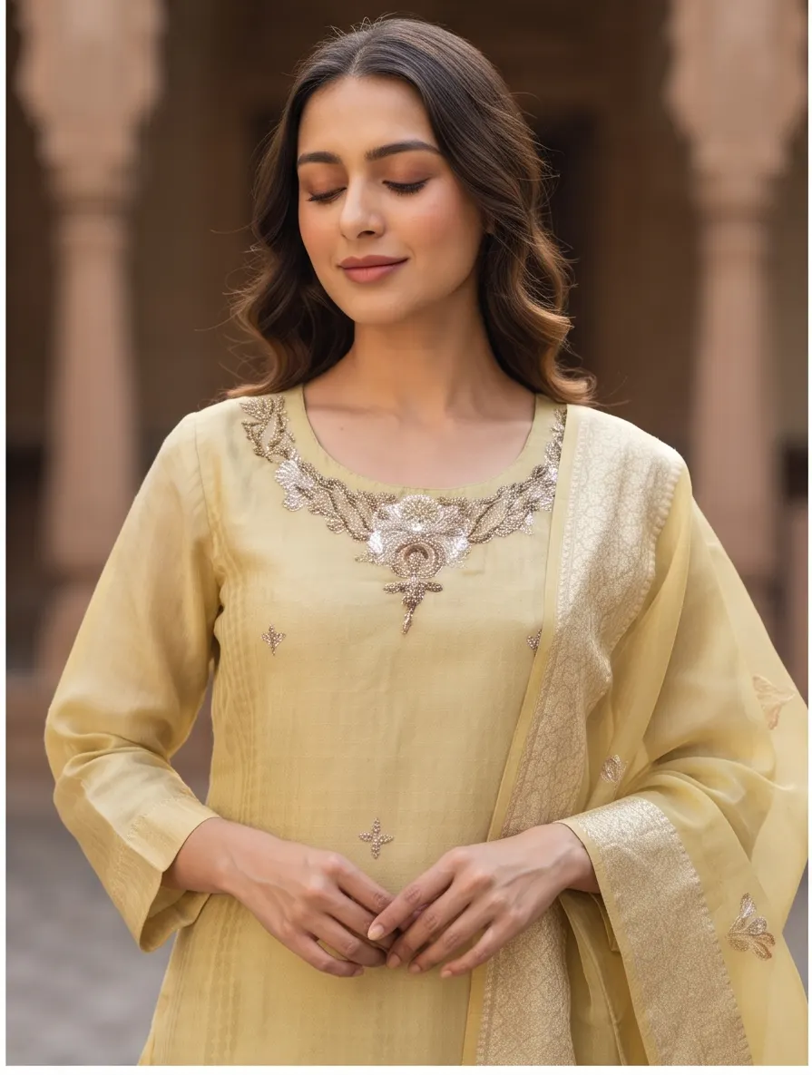 Golden Yellow Yoke Zari Embroidered Chanderi Silk Straight Kurta Pant Set with Organza Dupatta