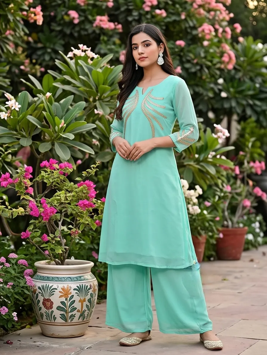 Sea Green Gota Patti Embroidered Straight Kurta and Flared Palazzo Set