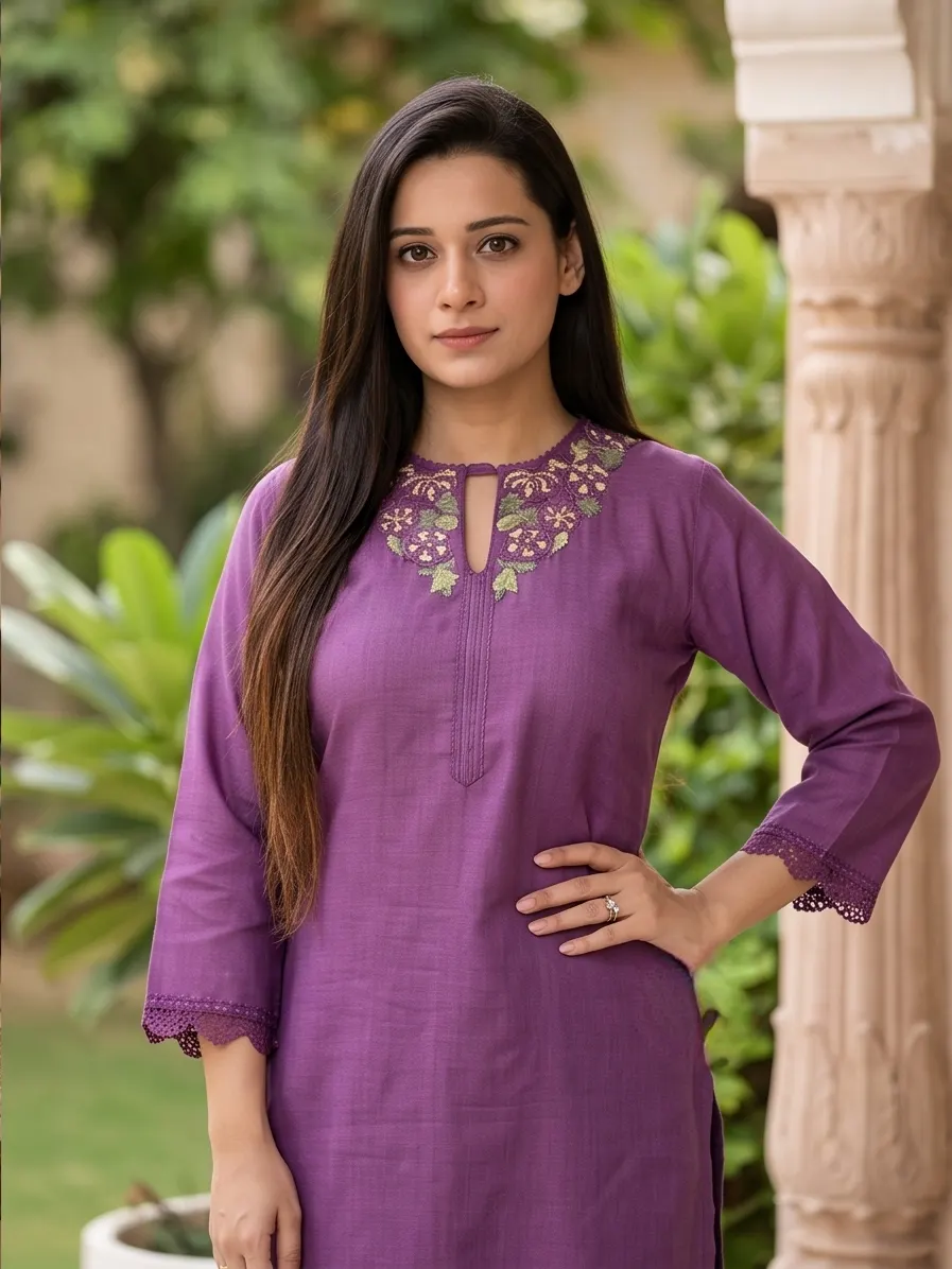 Purple Floral Embroidered Cotton Straight Kurta and Pant Set with Cutwork Hem