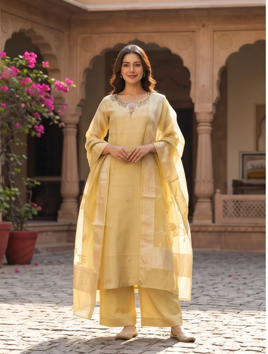 Golden Yellow Yoke Zari Embroidered Chanderi Silk Straight Kurta Pant Set with Organza Dupatta