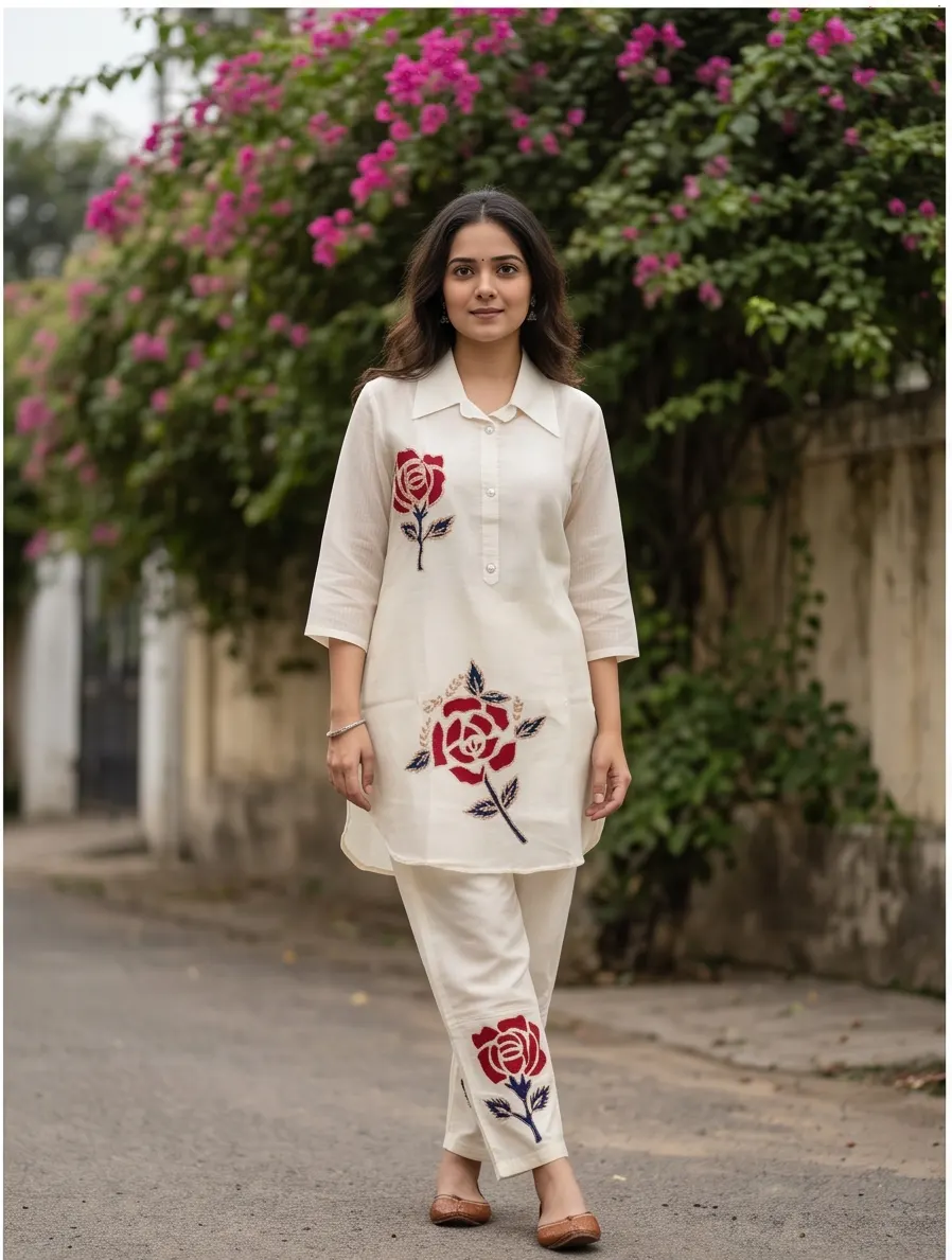 Off-White and Red Floral Appliqué Cotton Shirt Collar Tunic and Pant Co-ord Set