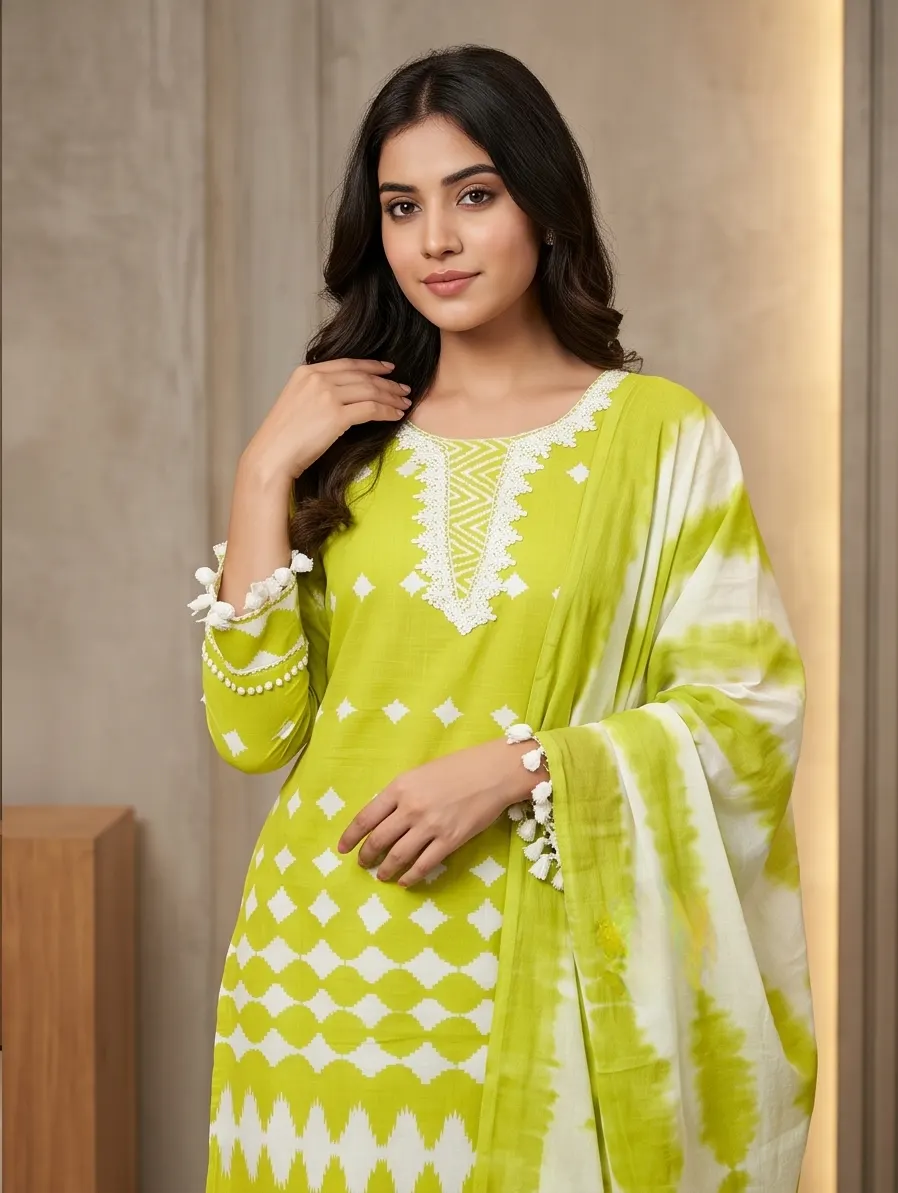 Lime Green Geometric Print Pure Cotton Straight Kurta Palazzo Set with Dupatta
